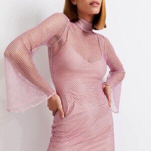 PatBO Rhinestone Embellished Netted Mini Dress Mock neck Pink Size 10